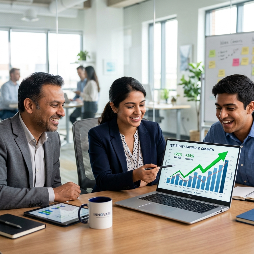 Indian startup founders reviewing quarterly cost savings and growth on a laptop dashboard