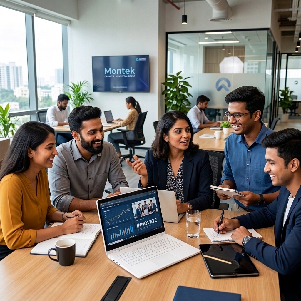 Young diverse Indian startup team collaborating in a modern open office