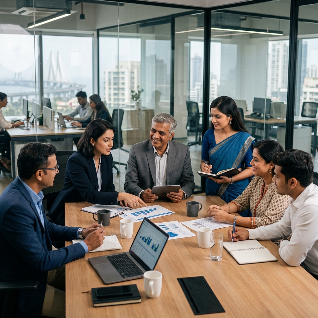 Indian startup leadership team reviewing HR and growth metrics in a modern office
