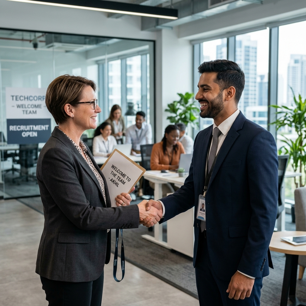 New employee welcomed with a handshake on their first day at an Indian startup office